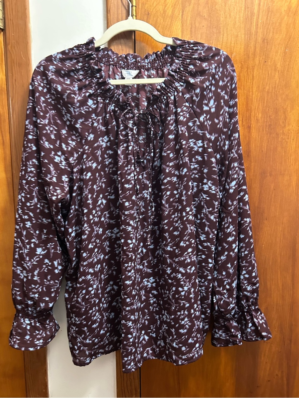 Time and Tru Maroon Floral Tie-Neck Blouse